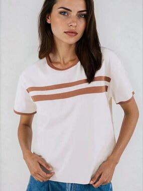 Le Lis White Short-Sleeve Tee with Tan Stripe Accents